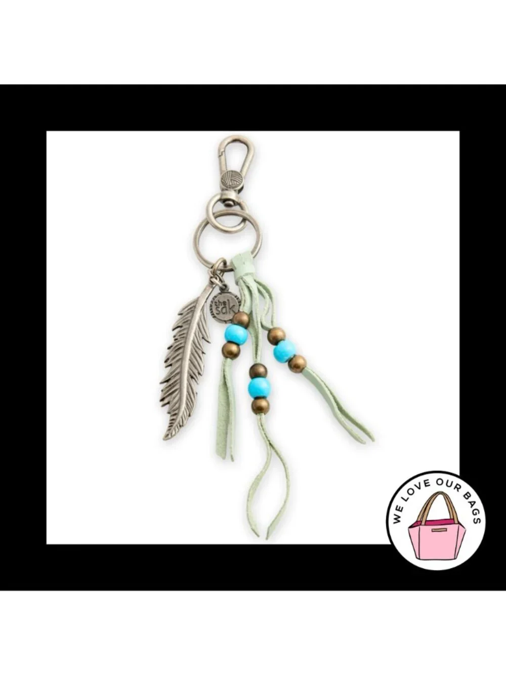 THE SAK FEATHER Green Leather Tassel Turquoise Bead Bag Charm Tag Keychain Fob